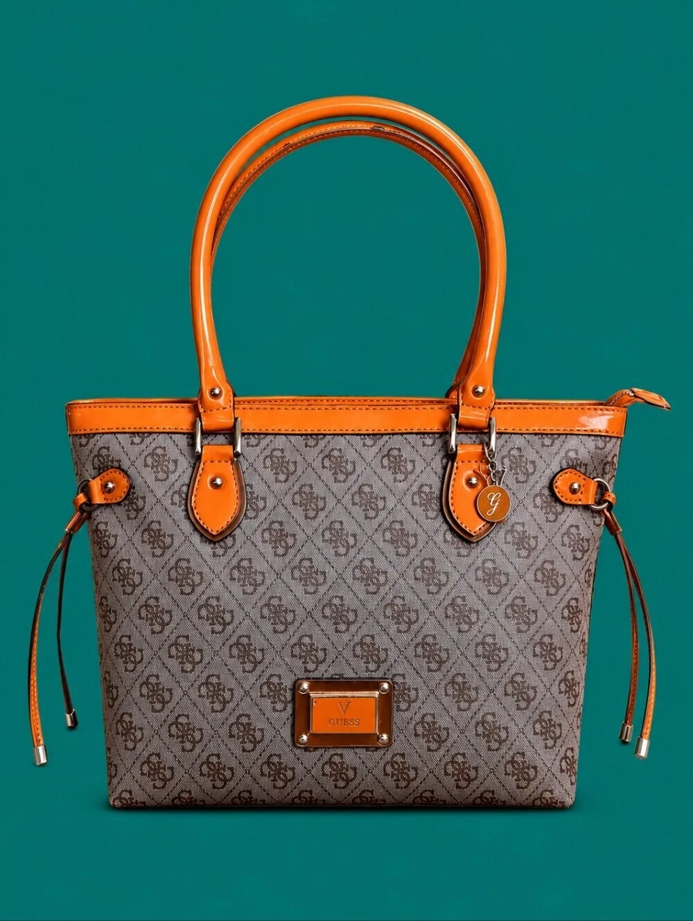 VTG GUESS 1990s Brown Orange Trim Logo Monogram Tote Bag